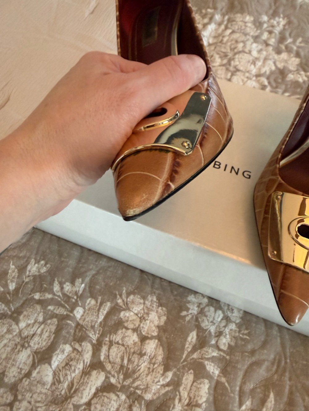 Coach Brown Croc-Embossed Pointed Toe Pumps with Gold Plate - Picture 7 of 12